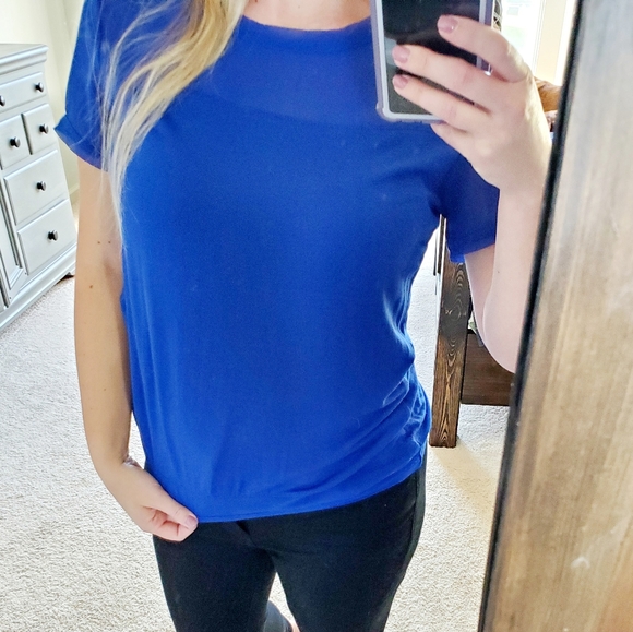 Women's Royal Blue Dark Blue Dressy Blouse Top Short Sleeve Shirt | Small - Picture 12 of 15